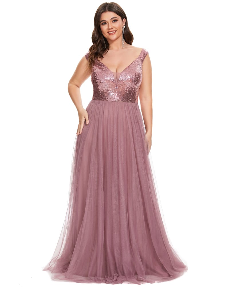 Front of a model wearing a size 12 Sequin Off the Shoulder Maxi Tulle Evening Dress in Purple Orchid by Ever-Pretty. | dia_product_style_image_id:302577
